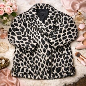 banana republic italian‑fabric leopard print asymmetrical zip coat – size xs
